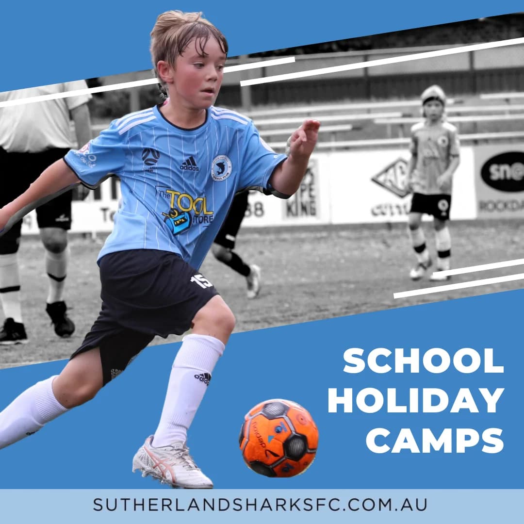 School Holiday Camps poster with a young player in sky blue