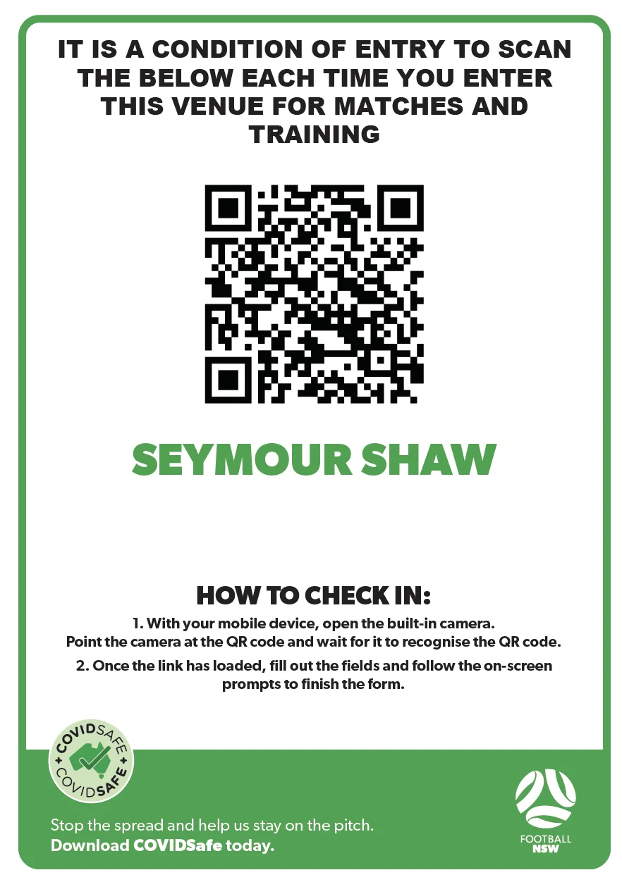 It is a condition of entry to scan this QR code each time you enter Seymour Shaw for matches and training