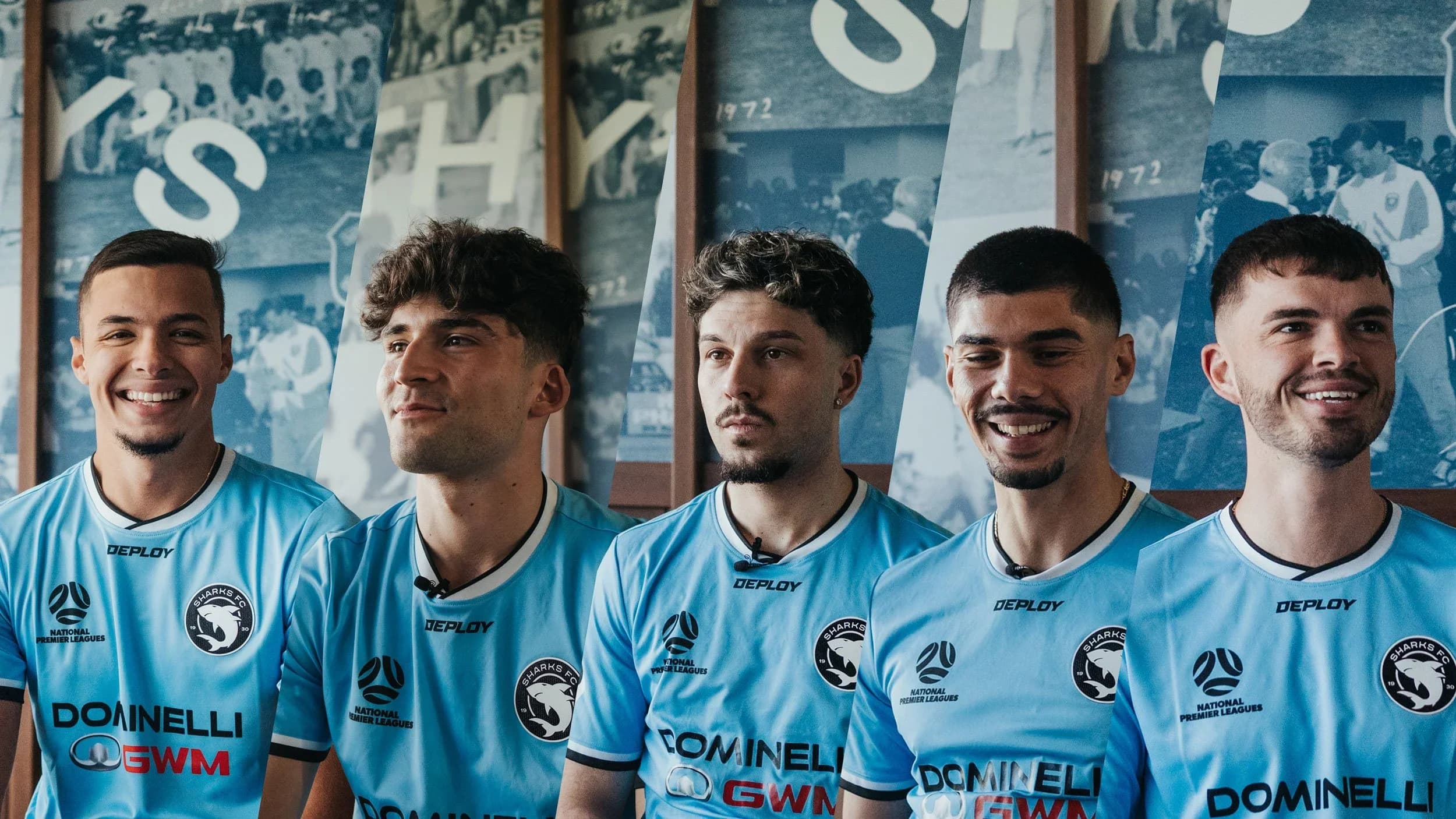Five mid-season signings in sky-blue Sharks shirts, smiling in a row