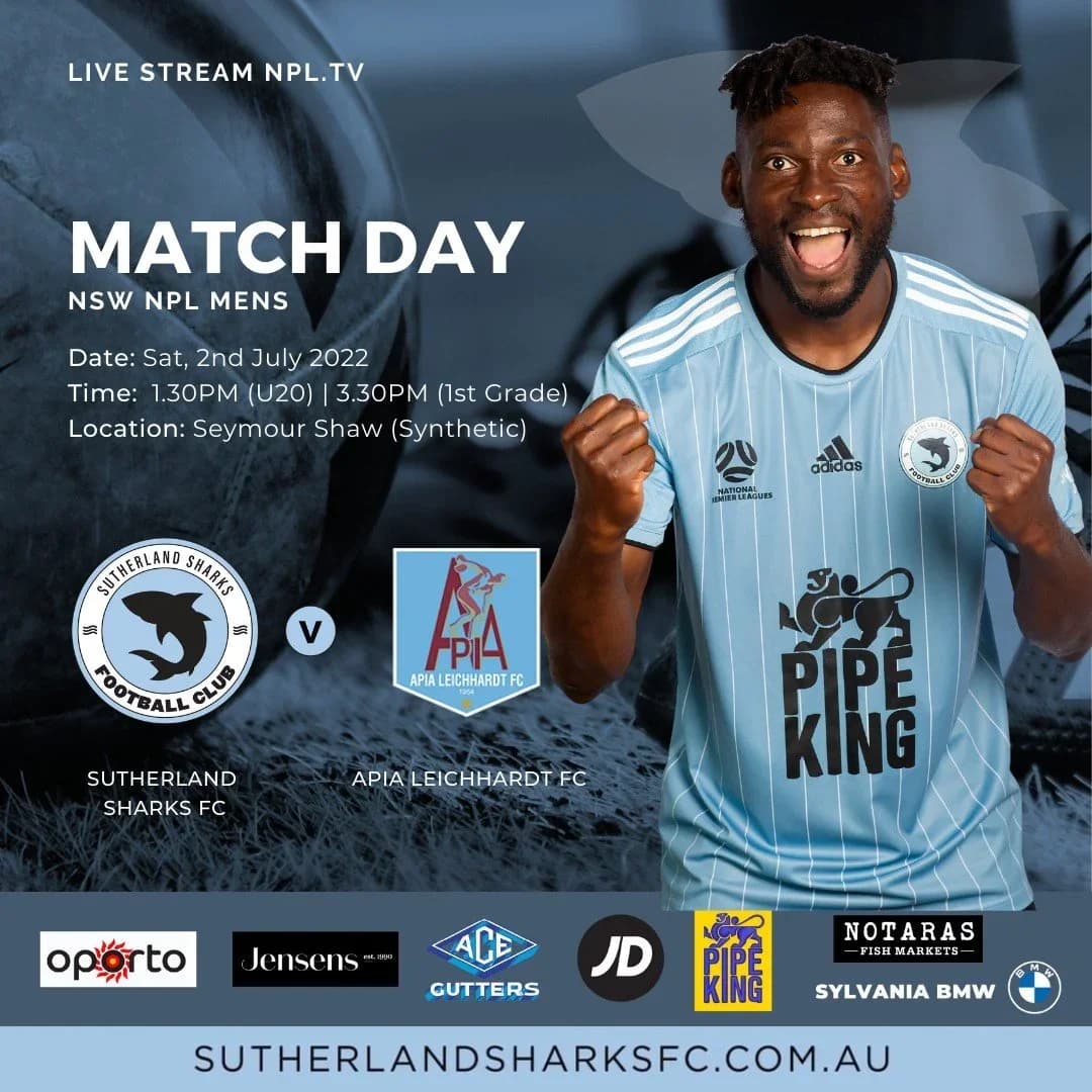 Match day poster: Sutherland Sharks v APIA Leichhardt at Seymour Shaw