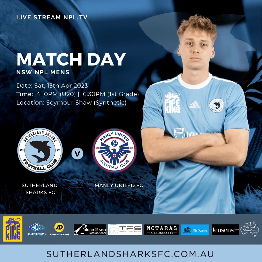 Match day poster: Sutherland Sharks v Manly United at Seymour Shaw