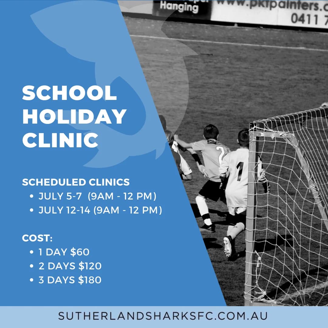 School Holiday Clinic poster: 5 to 7 and 12 to 14 July, 9am to 12pm