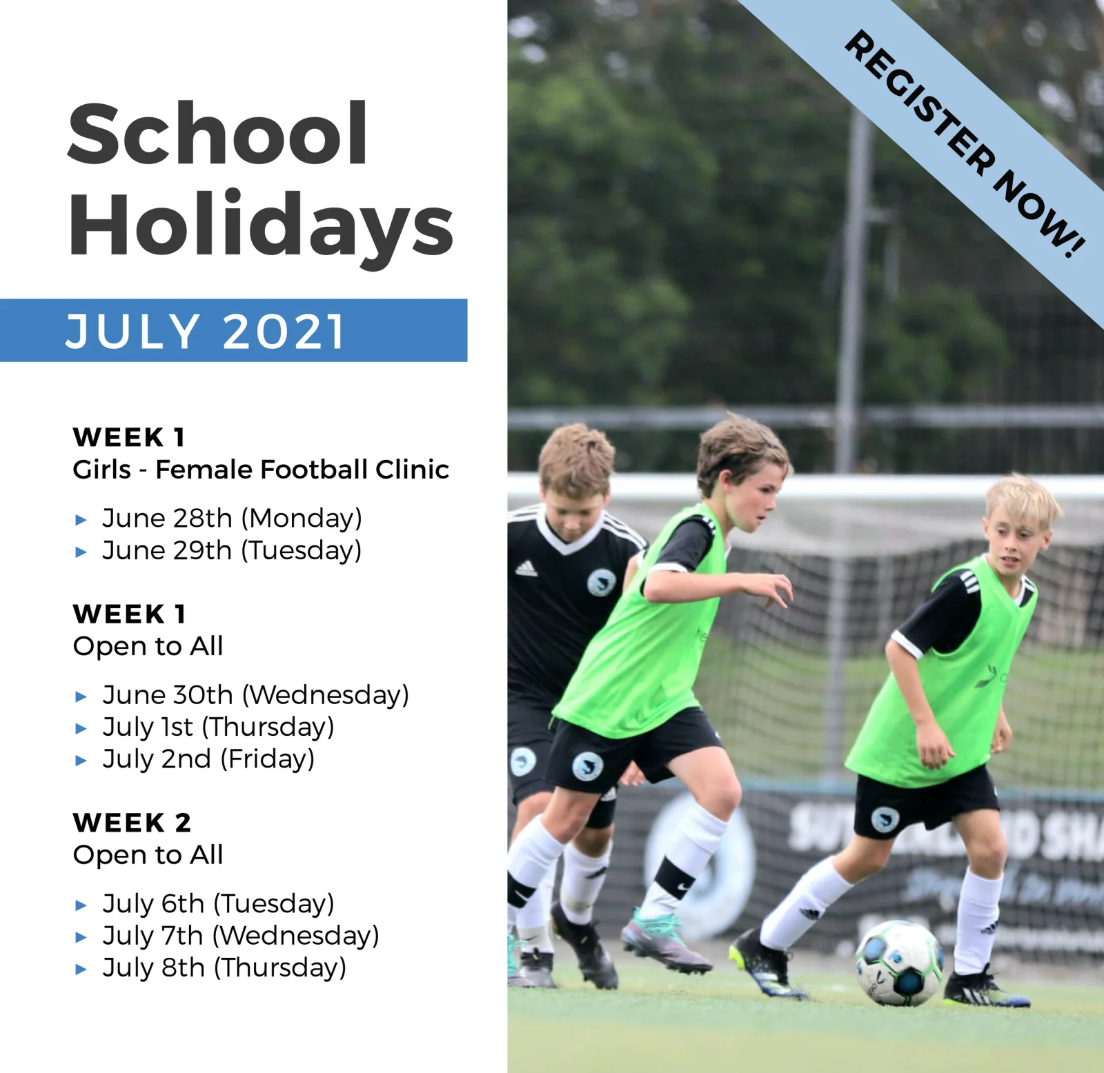 School Holidays July 2021 schedule, with young players at a clinic