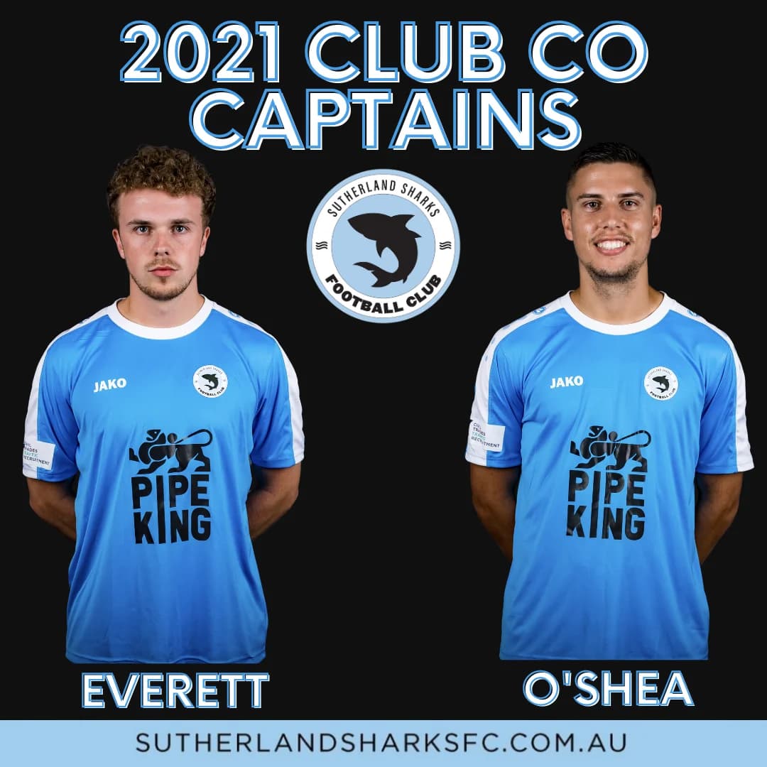 2021 club co-captains Everett and O'Shea in sky-blue Sharks shirts
