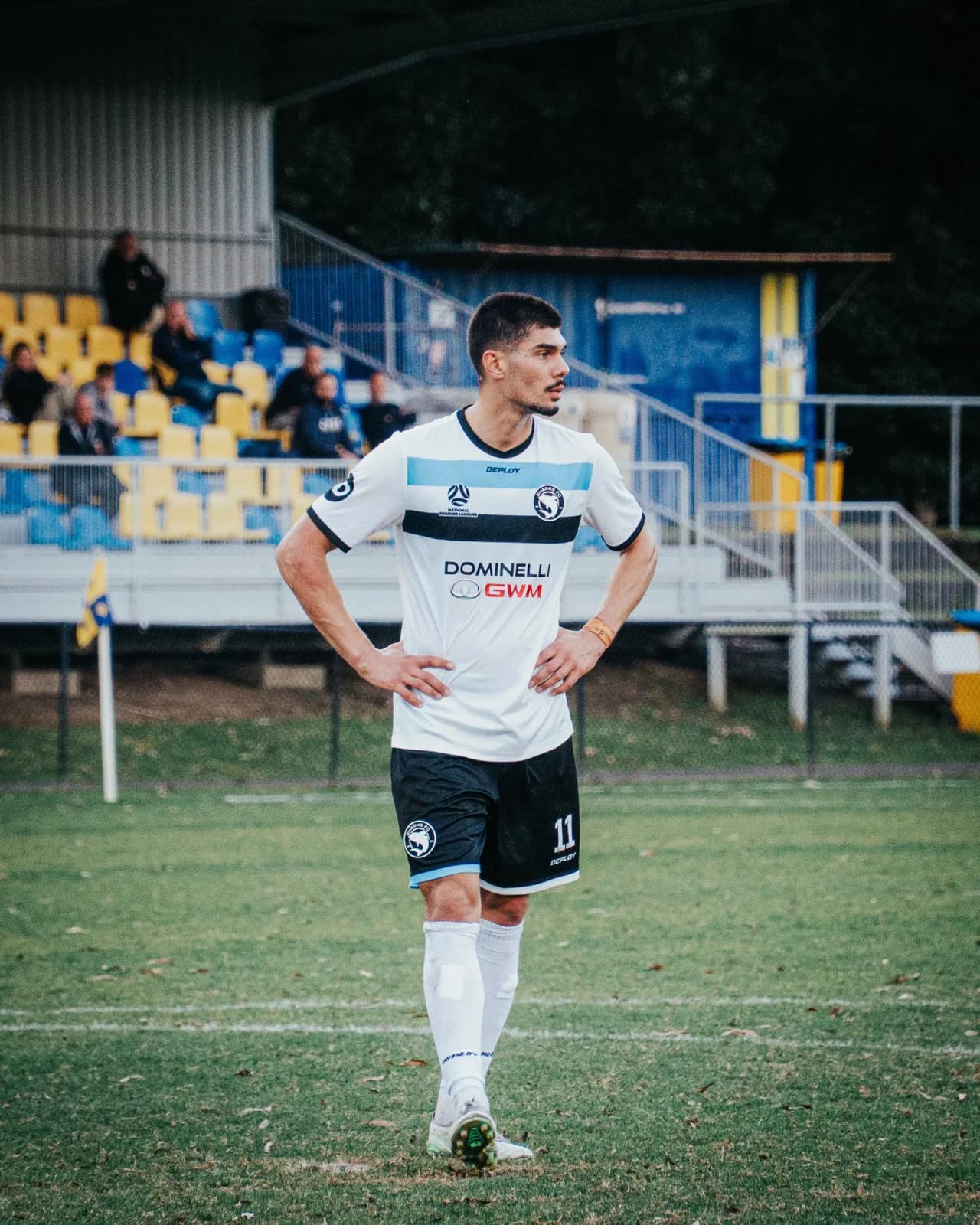 A Sharks player in white walks onto the pitch at Pluim Park