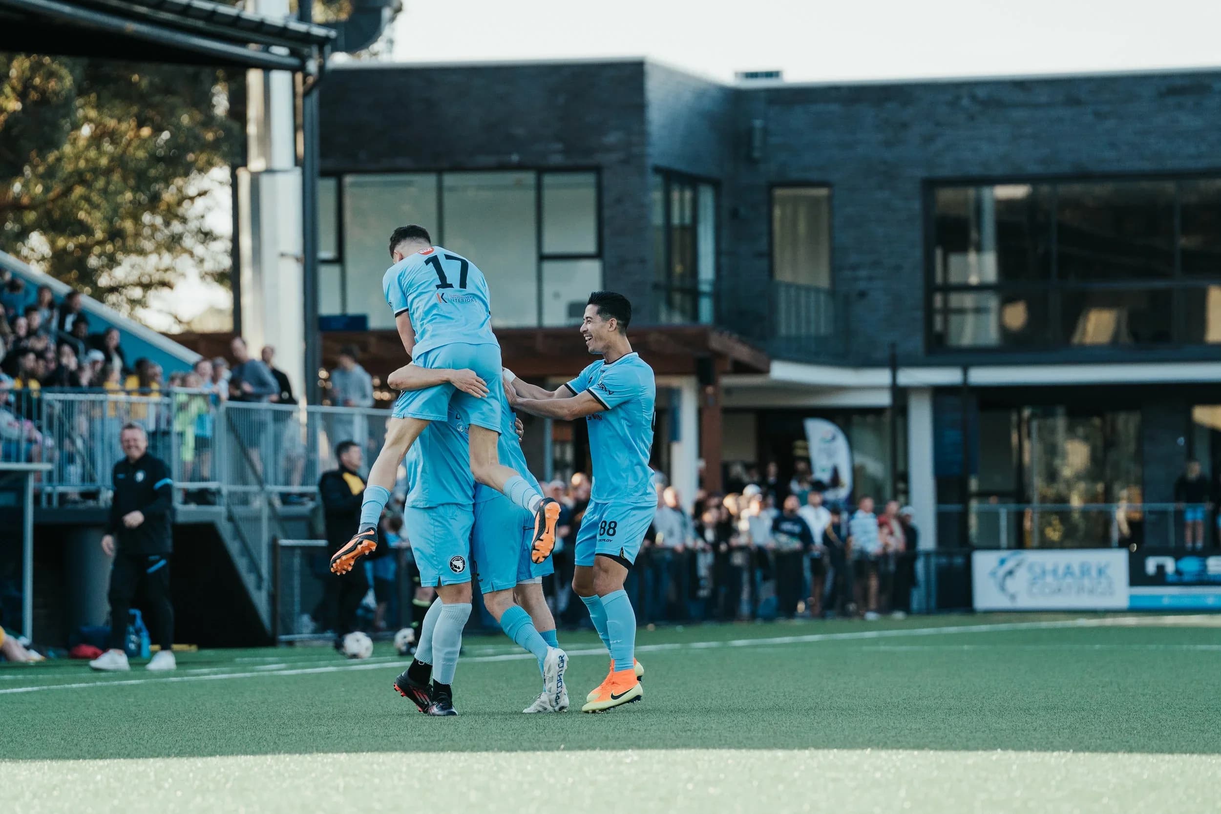 Sharks players celebrate a goal, one leaping onto a teammate's back