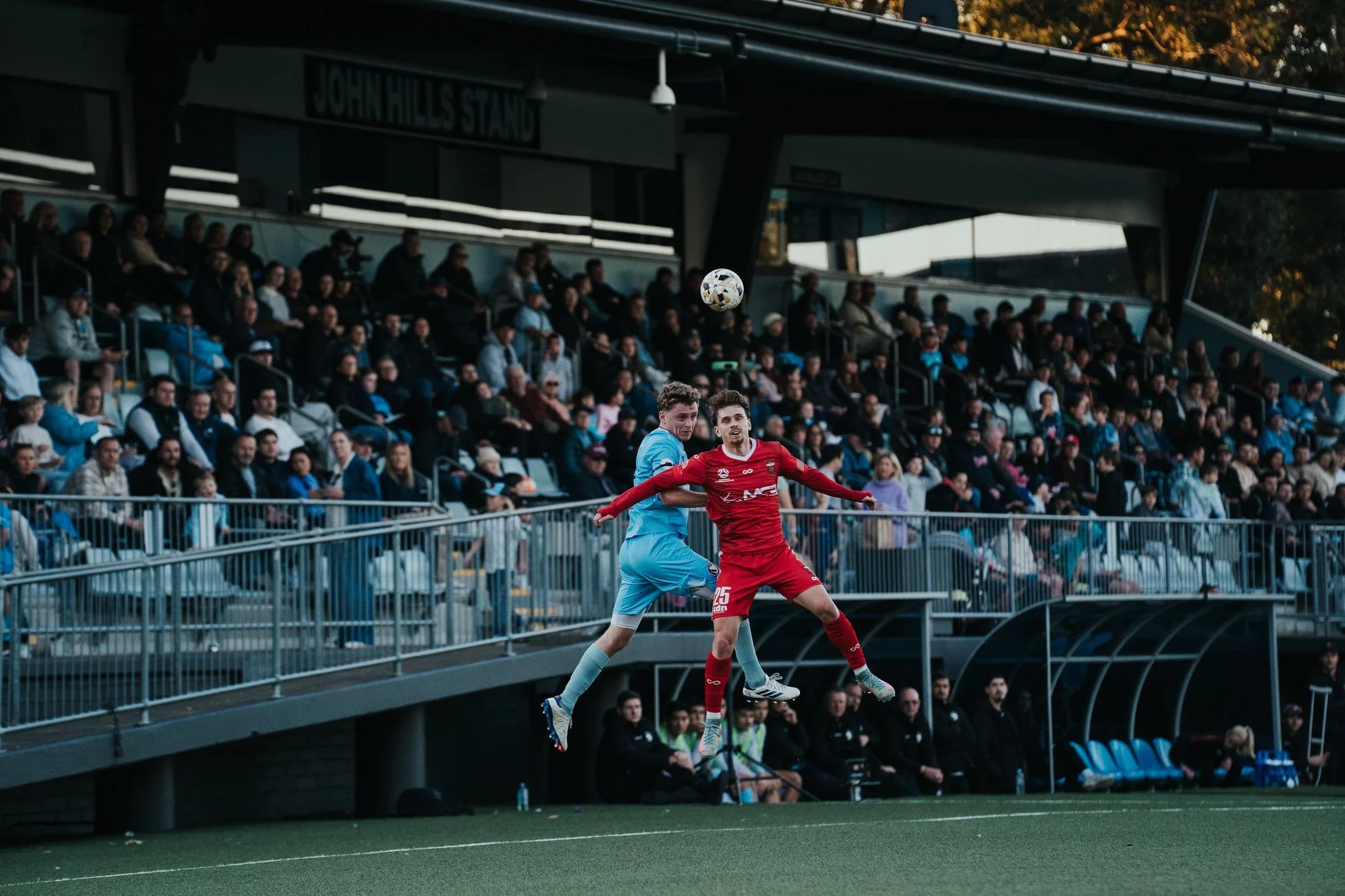 A Wolves goalkeeper in red rises above a Sharks player in front of a packed stand