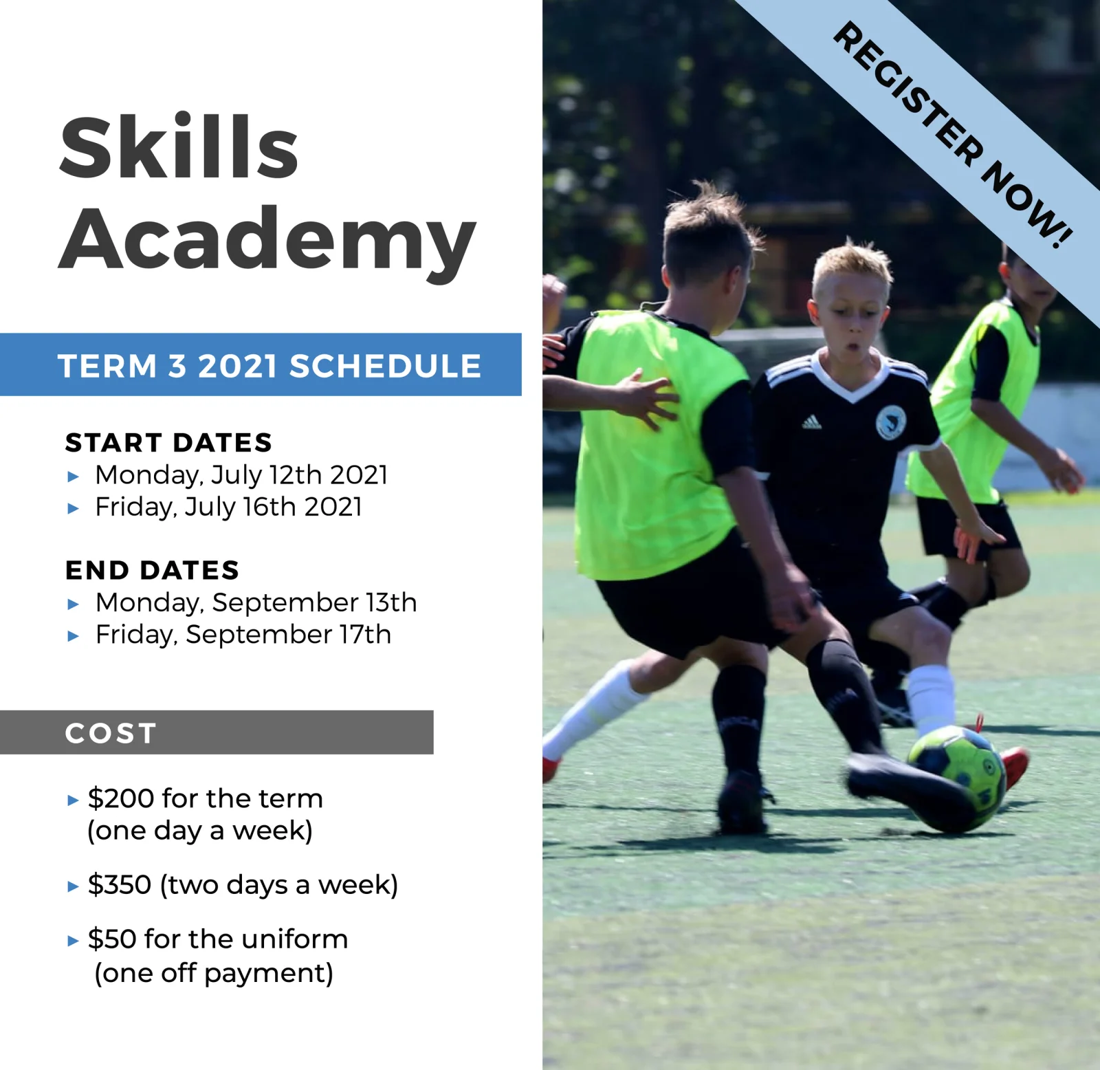 Skills Academy Term 3 2021 schedule and costs, with young players at training